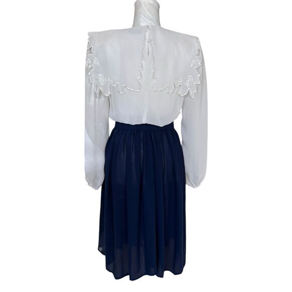Vintage 80s White Blue Sheer Belted Dress Womens Sz Small Lace Collar Coquette - Picture 3 of 16